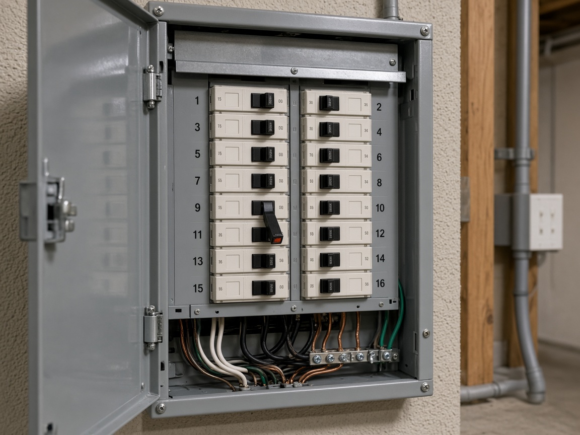 Circuit breaker panel with a tripped breaker Circuit breaker panel with a tripped breaker